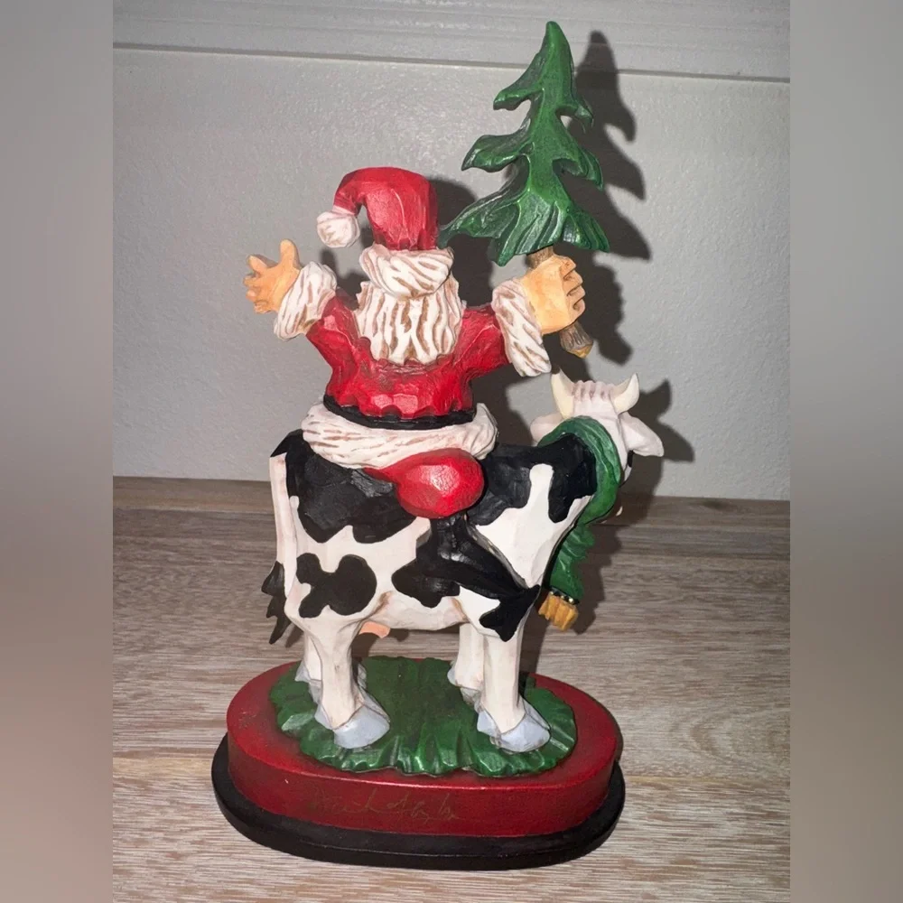 Vintage David Frykman Santa On Holstein Tree Riding Cow Sculpture Figurine